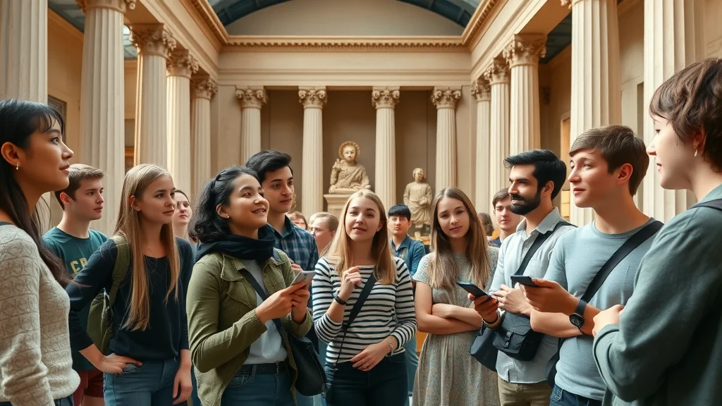 Classroom field trip at the British Museum: London language school students listen to a guide as they learn English through history and culture.