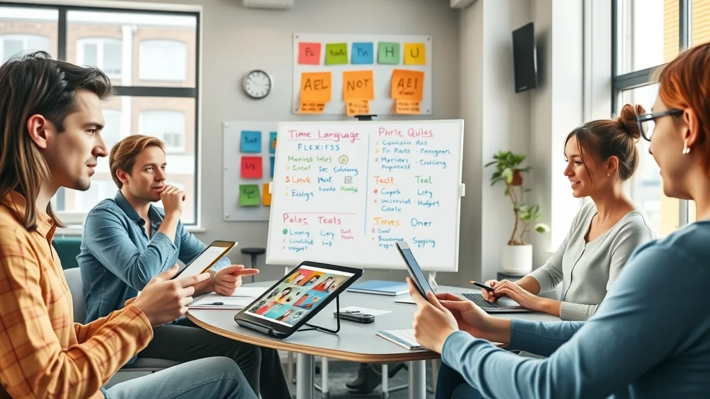 modern interactive language learning with online tutors, students using whiteboards, quizzes, video chat in coworking space