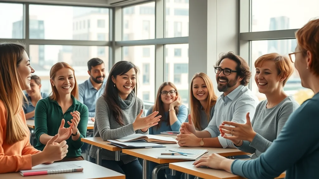 Lively multilingual classroom in a top language school in London UK: students from diverse backgrounds engaging in class activities with their teacher under bright daylight, Covent Garden city view in background.