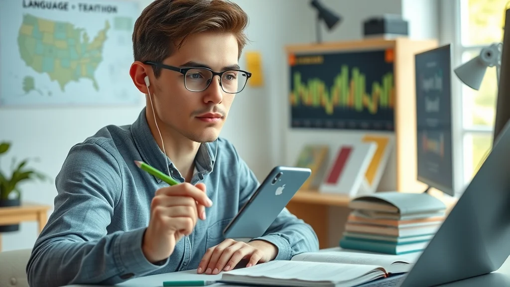 Focused student using smartphone to tune ear to American English accents