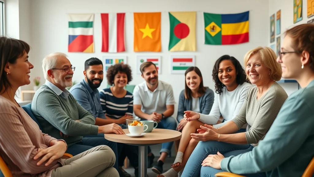 Diverse adults engaged in a cozy modern language group, animated discussion, learning to speak a foreign language in a bright language center