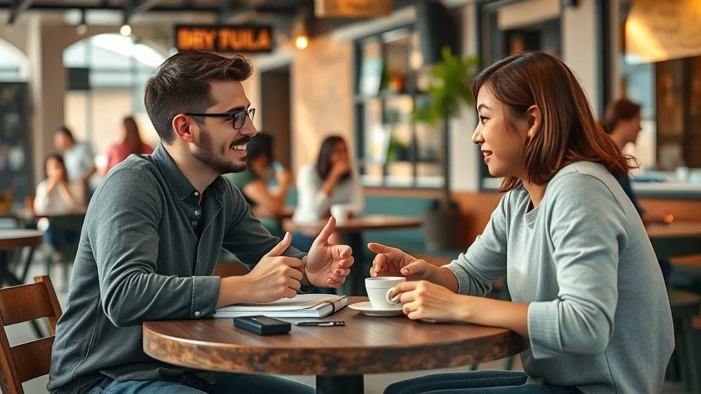 Language exchange partnership, two people learning a foreign language through speaking in a friendly café