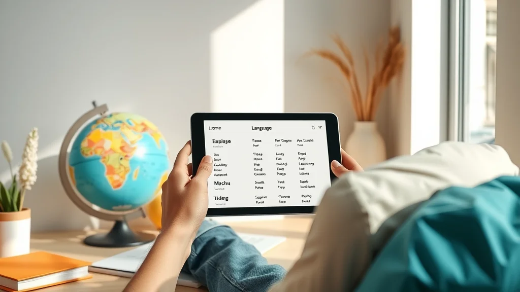 Person selecting a new language to learn on a digital tablet in a motivational workspace