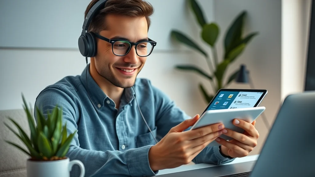 Adult using language learning apps like Rosetta Stone, Duolingo, and Babbel on a tablet in a modern workspace